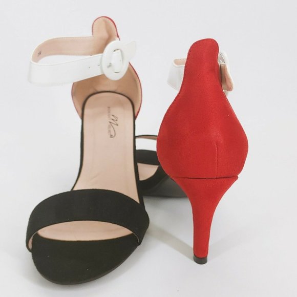 Midnight Velvet Womens Tri Colored Sandals Pumps Buckle Black Red White 10M New - Picture 3 of 11